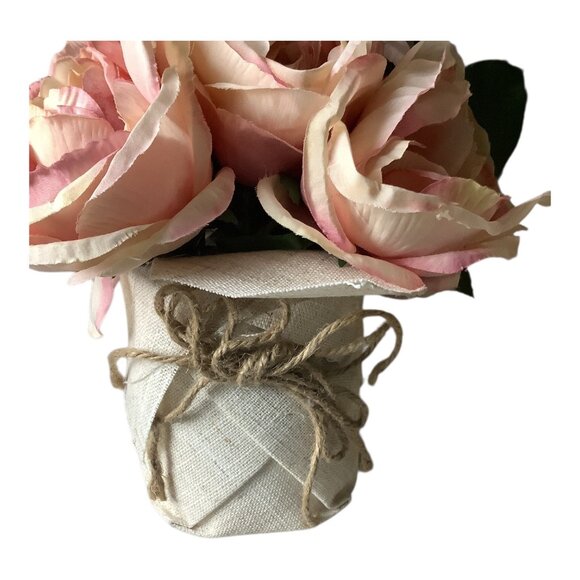 Shabby Chic Pink Faux Peony Floral & Yellow Ribbed Ceramic Pot Set Home Decor - Picture 8 of 11